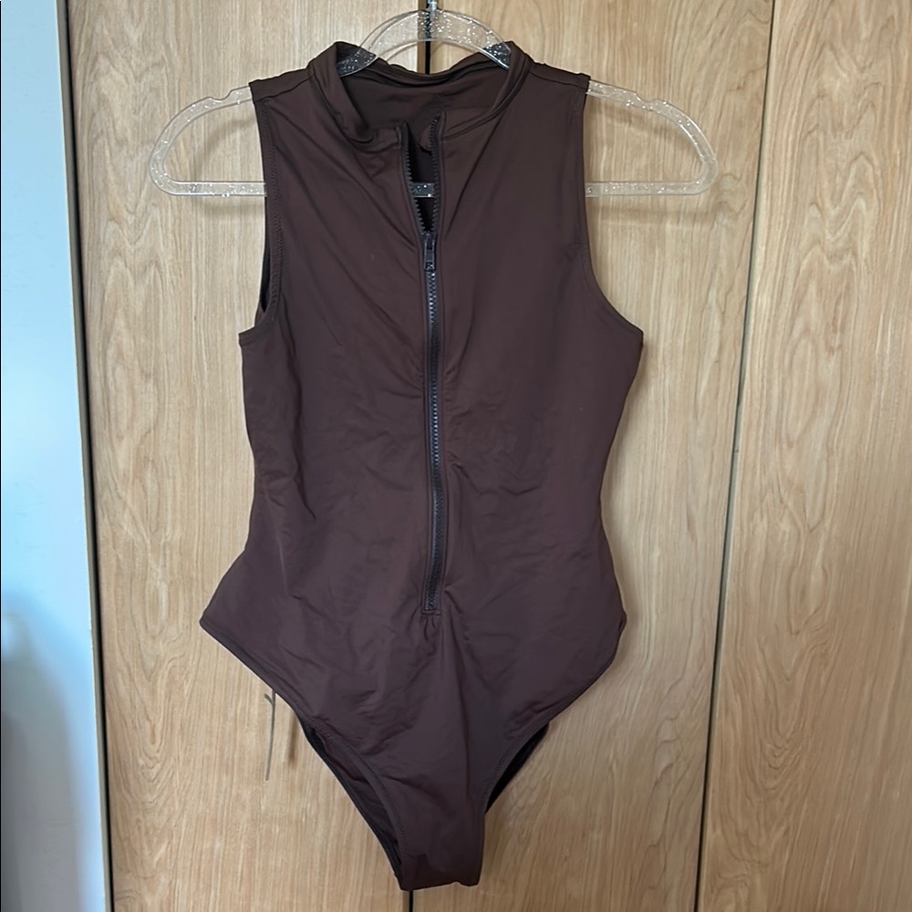 Skims cocoa one piece zip up swim suit
